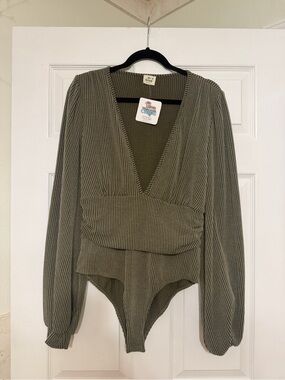 Blue Buttercup Olive Green Ribbed Deep V-Neck Long Sleeve Bodysuit
